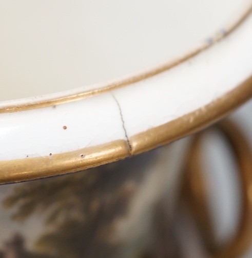 A Derby named twin handled cup, 'View in North Wales' - 17cm tall
